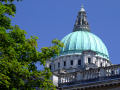 Belfast City Hall (Close up of copper dome with tree and blue sky)