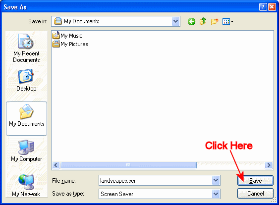 'Save' Dialog From Internet Explorer.  Click On 'Save' To Save The Screensaver File In 'My Documents'.  Then Wait For The File To Download