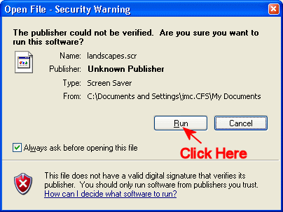 'Open File - Security Warning'.  Click On 'Run'.