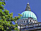 Belfast City Hall (Close up of copper dome with tree and blue sky)